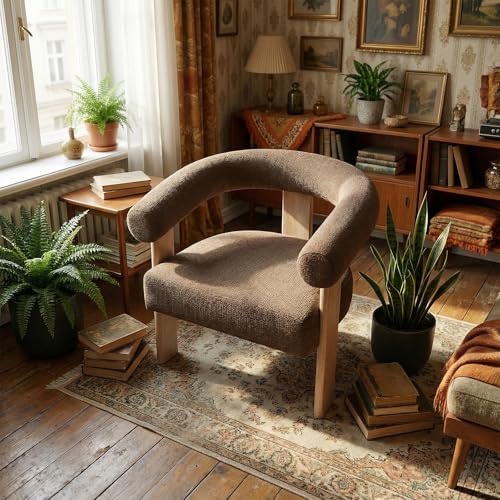 VKNOW Barrel Accent Chair, Vanity Chair with Armrests and Rubberwood Legs | Mid Century Modern Upholstered Living Room Chairs with Open Back, Chenille Fabric, arm chair for Living Room, Bedroom, Brown - color: Brown, size: Set of 1