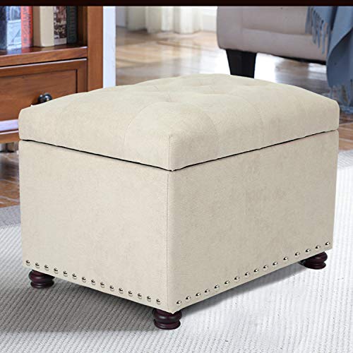Adeco Classy Cotton Mix Fabric Accents Rectangular Storage Bench Footstool Ottomans & Storage Ottomans, White - color: White Fabric