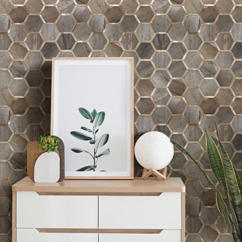 STICKGOO Hexagon Peel and Stick Backsplash Tile, Stick on Backsplash for Kitchen and Bathroom, Wood Texture PVC Mixed Metal Gold Self Adhesive Wall Tiles(10 Sheets, Seamless) - color: Wood Texture with Metal Gold