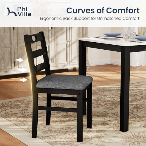 PHI VILLA Dining Table Set for 4, Marble Design Kitchen Table and Chairs | Marble Tabletop, Solid Rubber Wood, Padded Cushion Chairs, Space Saving, Easy Assembly, White Marble& Black - color: Venatino White Marble&black