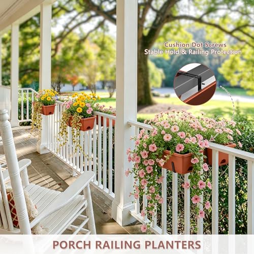 Deck Railing Planter Adjustable Window Box Set of 2 Outdoor Balcony Herb Planter Boxes with Window Plant Hanger, 17 Inch Plastic Hanging Flower Basket Planting Pots for Porch Fence Patio Decor, Red - color: Red