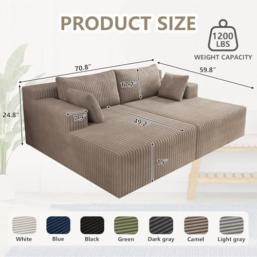 70.8" Oversized Boneless Double Chaise Lounge Chair Indoor, Upholstered Corduroy Cloud Chaise Lounges with 4 Pillows, Modern Deep Seat Loveseat Sleeper Sofa for Living Room Bedroom Apartment, Camel - color: 70.8" Camel