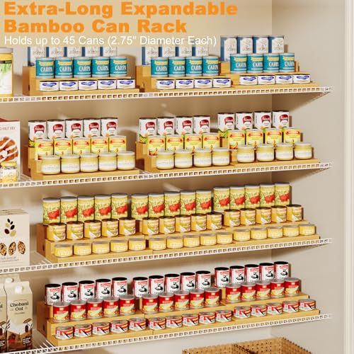 Extra-Long Expandable Bamboo Can Rack, 3-Tier Organizer, Holds 45 Cans | Designed for larger pantries, this extra-long organizer stores 45 cans while keeping every can visible and easy to reach - color: Bamboo, size: 29"-43.3"W × 10.8"D × 4.3"H
