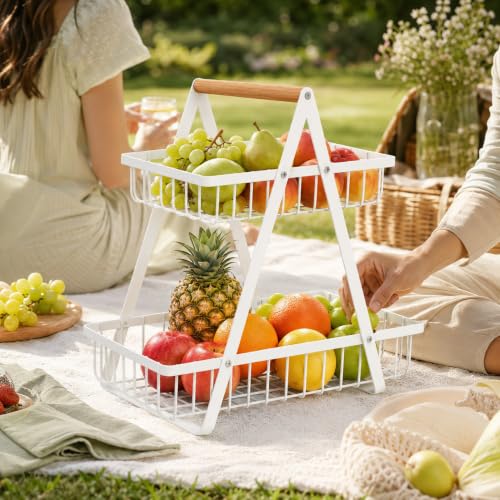 mahueeol 2-Tier Countertop Fruit Basket with Wooden Handle, Detachable | Detachable metal baskets with wooden handle for fruits, vegetables, bread and snacks in kitchens, pantries or dining rooms - color: White