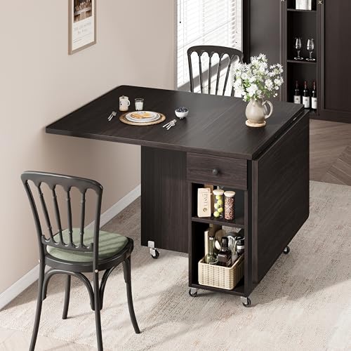 Jocoevol Space Saving Folding Dining Table for 4, Foldable Dining Table with Drawer and Storage Shelf, 6 Wheels Drop Leaf Kitchen Dining Room Table for Small Space (Walnut, 47.2" x 23.6" x 29.9") - color: Black Walnut