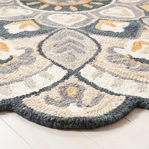 SAFAVIEH Novelty Collection Area Rug - 5' Round, Beige & Navy, Handmade Wool, Flower Design, Ideal for High Traffic Areas in Living Room, Bedroom, Dining (NOV604B-5R) - color: Beige/Navy, size: 5' (Round)