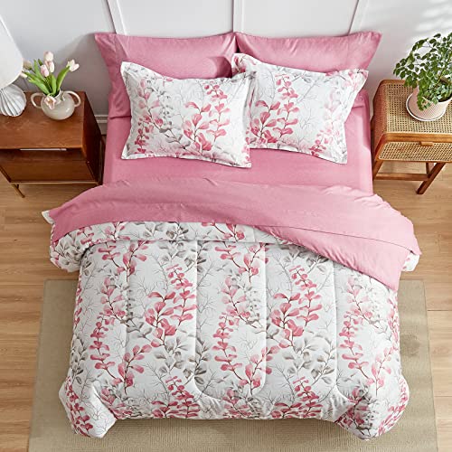 Pink Floral Comforter Sheet Set Bed in a Bag 7 Pieces King Pink Gray Flower Leaves Bedding Set (1 Comforter 2 Pillow Shams 1 Flat Sheet 1 Fitted Sheet 2 Pillowcases) - color: Flowers, size: King-7 Pieces