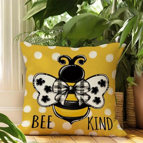 Fahrendom Spring Honey Bee Kind Decorative Throw Pillow Cover 16 x 16 | Summer Bumble Bee Yellow Porch Patio Outdoor Pillowcase, Polka Dots Seasonal Sofa Couch Cushion Case Home Decor - color: Bee Kind, size: 16" x 16" (Pack of 1)