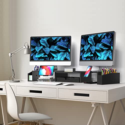 Simple Houseware Desk Dual Monitor Stand Riser with Drawer, Black | Customizable Organizer Tray, Built-In Phone & Tablet Slot and Side Storage - color: Black