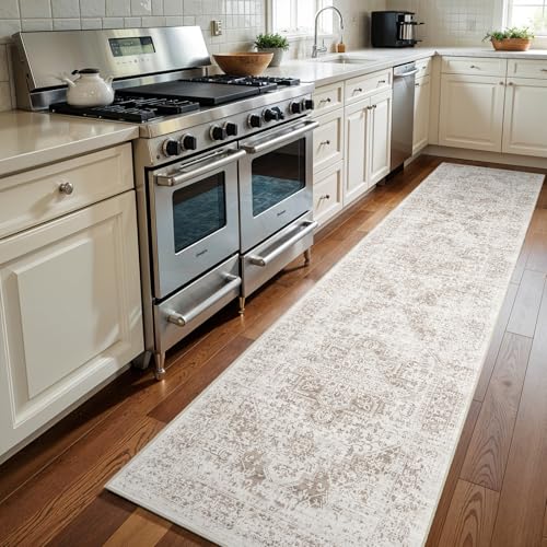 3x12 Washable Hallway Runner Rug: Long Vintage Soft Non Slip Rug IvoryBeige | Pet Friendly Water Resistant Low Pile Design Easy Clean Durable for Entryway Kitchen Living Room and High Traffic Areas - color: Ivory/Beige, size: 3x12