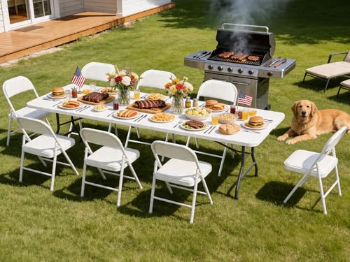 Folding Dining Table Set for 8, 8FT Foldable Plastic Table with Carrying Handle & 8 PU Leather Padded Folding Chairs, Portable Table and Chairs Set for Indoor Outdoor, Party, Wedding, Picnic, Camping - color: White, size: 8FT