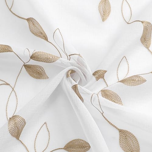 Tollpiz Taupe Leaf Sheer Tier Curtain Kitchen 30 x 36 Inches | Leaves Embroidered Curtains Rod Pocket Voile Bathroom Window Treatment for Cafe, Set of 2 Panels - color: Taupe, size: 30"W x 36"L (Pack of 2)