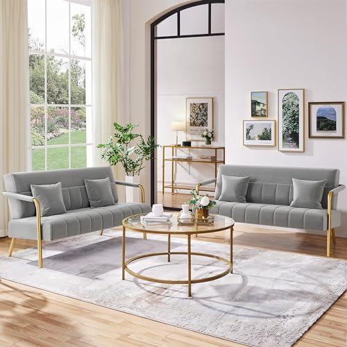 Yaheetech 56.5" Small Sofa 2 Seater Couch with Gold-Tone Legs, Light Gray | Small Sofa Loveseat Velve 2 Seater Couch with Tufted Back Gold Metal Frame 2 Pillows for Office, Studio,Living Room - color: Light Gray, size: 56.5" W