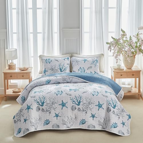 3 Piece Coastal Quilt Sets King Size - Reversible Microfiber Ocean Style Quilts with 2 Shams Soft Lightweight Beach Bedding Nautical Bedspread Coverlet Summer Comforter for All Season - color: Coastal, size: King-102*88in