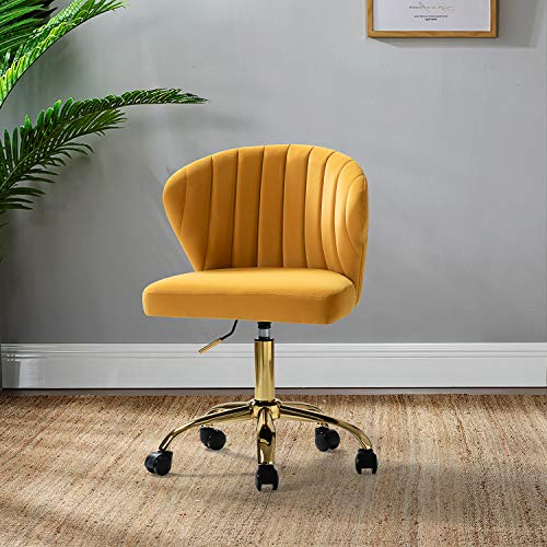 TINA'S HOME Office Desk Chairs with Wheels & Gold Base, Modern Velvet Cute Armless Office Chair, Adjustable Low Back Swivel Rolling Chair, Upholstered Task Chair for Living Room Vanity Study-Mustard | Modern Velvet Cute Armless Office Chair, Adjustable Lo