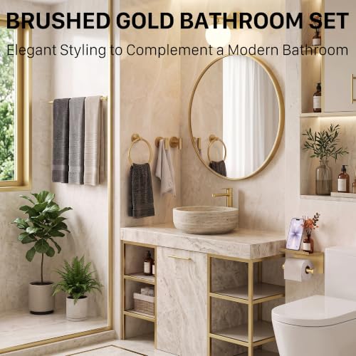 5 Piece 23.6 Inch Brushed Gold Bathroom Hardware Accessories Set | Stainless Steel Bath Extended Towel Bar, Toilet Paper Holder with Shelf, Round Towel Ring Wall Mounted, Towel Hooks