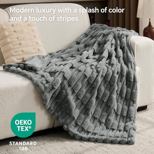 BEDELITE Faux Fur Grey Throw Blanket Soft Plush Striped for Couch, 50x60 | Reversible Faux Fur & Fleece Striped Throw Blanket, Soft & Cozy for Sofa and Bed, Birthday Gift for Women,Room Decor - color: Grey, size: Throw(50"x60")