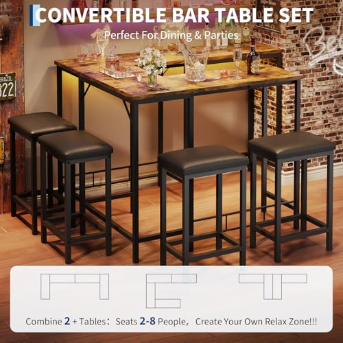 Bar Table and Chairs Set, 63'' L-Shaped Bar Table with 2 Stools, Counter Height Kitchen Table with Built-in Power Outlets, Left/Right/Straight Convertible Design, Faux Leather Upholstered Seating - color: Rustic