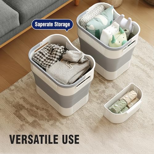 TECHMILLY Collapsible Plastic Laundry Basket Hamper with Handles, 35L Portable Rubber Clothes Basket, Pop Up Storage Container/Organizer with Hanging basket for Washing & Storage, Grey - color: Grey, size: 35L