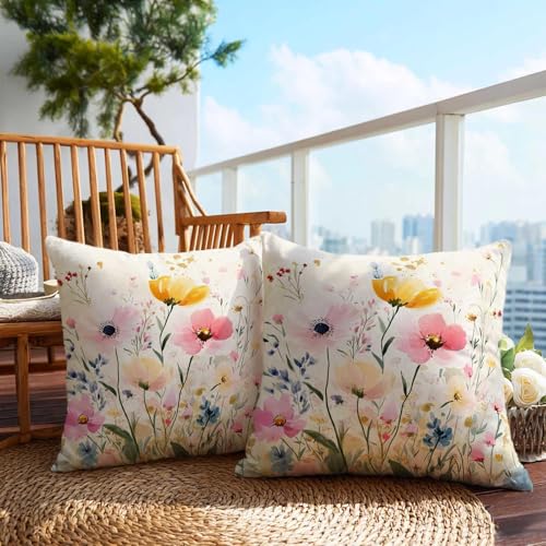 Firmiso Soft Wildflower Throw Pillow Covers 18x18 Set of 2|Floral Decorative Cushion Covers for Couch Sofa|Pastel Botanical Pillow Cases|Romantic Cottage Farmhouse Home Decor | Pink Yellow Accent - color: Soft Wildflower