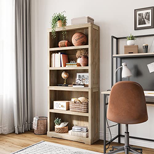 LINSY HOME 5-Shelf Bookcase, Bookshelves Floor Standing Storage Shelves 68 in Tall Bookcase Home Decor Furniture for Home Office, Living Room, Bed Room - Light Brown - color: Light Brown, size: 5 Shelf Standard 68.3"H