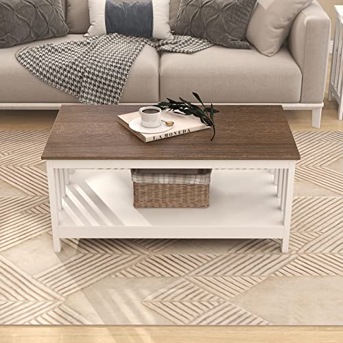 ChooChoo Farmhouse Coffee Table, White Living Room Table with Shelf, 40 Inch - color: White, size: 22"D x 39.9"W x 18.1"H