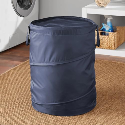 Pop-up Laundry Hamper, Navy Blue, Polyester Taffeta with Spiral Steel Frame, Foldable with Zippered Lid