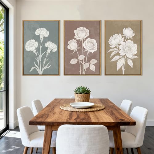BINCUE Boho Floral Wall Painting Framed Botanical Wall Art Decor Flower Print for Living Room Bedroom Dining Room 16" Lx24 W Set of 3 - color: Boho Neutral Floral, size: 24"L x 16"W