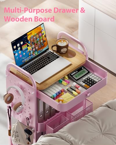 ALVOROG 3 Tier Metal Rolling Cart with Drawer,Wood Top,Pegboards,Pink | Storage Utility Cart with Drawers,Pegboards,Lockable Wheels,Baskets,Hooks for Kitchen,Office,Bedroom,DIY Supplies - color: Cherry Blossom Pink