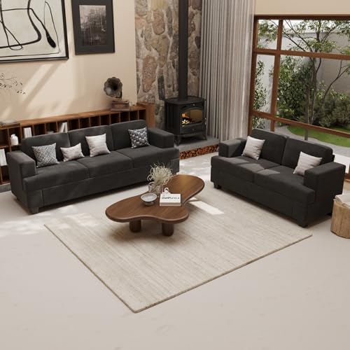 YOUDENOVA 2 Piece Set Comfy Sofa Couch, 3 Seater & Loveseat Sofa with Deep Seats, Modern Sleeper Couch for Living Room, Dark Grey Chenille - color: Dark Grey Chenille, size: 3-Seater + Loveseat
