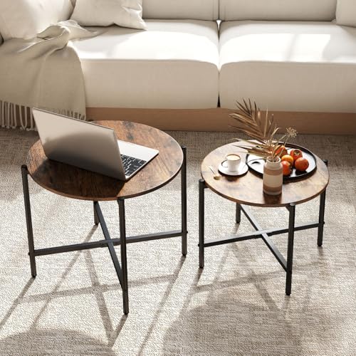 GOFLAME Nesting Coffee Table Set of 2, Round Coffee Tables with Wood Tabletop & Heavy-Duty Metal Frame, Modern Circle End Table & Side Tables, Nesting Tables for Living Room, Bedroom (Rustic Brown) - color: Rustic Brown