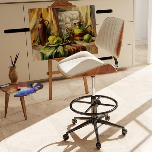 Drafting Chair for Standing Desk, Armless Tall Office Chair with Bentwood Backrest, Adjustable Height, Footrest Ring and Swivel Seat, PU Leather (Ivory) - color: Ivory