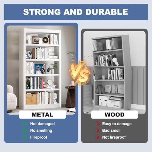VASAAOSD Metal Bookshelf - Adjustable White Bookcase, 5 Tier Book Shelf | Heavy Duty Sturdy Book Case, Modern Bookshelves and Bookcases for Home Office, Living Room, Bedroom, Library(69" H) - color: White, size: 69" H