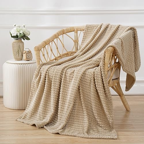 Puncuntex Fleece Throw Blanket Khaki 60"×80" with Square Grid Design | Super Soft Plush Cozy Flannel Throw Blanket Luxury for Couch Sofa Chair - color: Khaki, size: 60"×80"