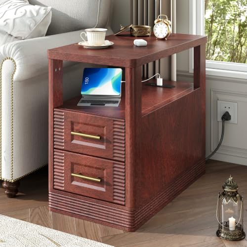 RECHHX Farmhouse End Table with Charging Station, Curved Wooden Side Table with 2 Storage Drawers for Small Space, Cherry Nightstand for Living Room, Bedroom - color: Cherry