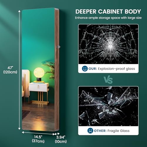 HNEBC Full Length Mirror with Storage, Wall Mounted Jewelry Cabinet with Lights, Lockable Over Door Jewelry Organizer with Drawer, Foldout Makeup Tray 47.2" Hx14.5 Wx3.9 D,Natural - color: 93A-natural
