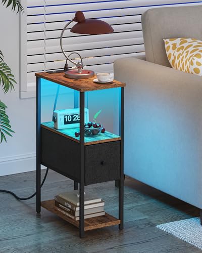 TUTOTAK Small Narrow LED End Table with Charging Station, Set of 2 | Side Table with Outlets, Nightstand with Cloth Drawer, Couch Table for Living Room, Bedroom, Brown and Black TB01BB059K - color: Brown and Black, style: 1 Drawer with Plug & Light