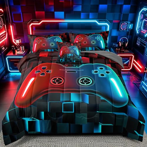 5 Pieces Kids Twin Size Gaming Bedding Set, Red Blue 3D Gradient Game Controller Comforter Set for Boys Girls Teens, Gamer Bed in a Bag Room Decor All Season Twin53 - color: Red Light Blue 53, size: Twin