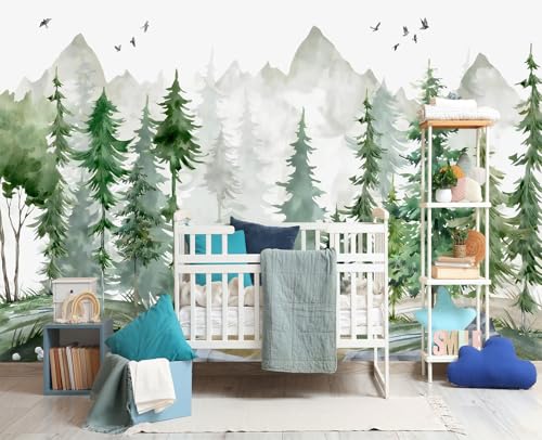 YIHWM-Peel and Stick Nursery Forest Wallpaper Watercolor Pine Tree Mural | Tear-resistant,with a substantial feel;Will not be damaged during repositioning.Boy's Room,kids room wallpaper.M-118"x85" - color: YH01, size: 118"x85"