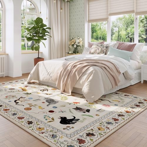 Rugcomf Area Rugs 9x12 Living Room Clearance Washable Boho Rug Non Slip Floral Animal Cat Vintage Low Pile Large Rug for Living Room Bedroom Farmhouse Dining Room Kids Playroom, Beige - color: Beige/Cat, size: 9' x 12' (Rectangular)