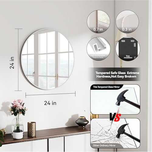 SCWF-GZ 24" Round Mirror Circle Wall Mounted Hanging/Against Wall Silver | HD Crystal Clear No distortion Tempered Glass,Aluminum Frame,Make-Up Mirrors for Bedroom,Entryway,Bathroom,Living Room - color: Silver, size: 24"L x 24"W