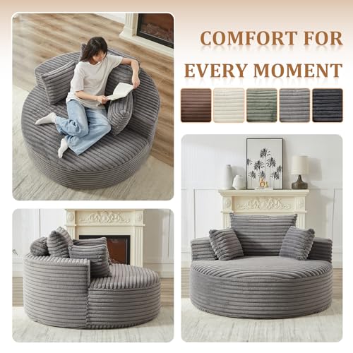 55" Oversized Round Chaise Longue Chair Indoor, Modern Circle Single Boneless Cloud Reading Deep Seat Sleeper Sofa Corduroy No Assembly Required for Living Room, Bedroom Apartment, Grey - color: Grey, style: 55"Corduroy