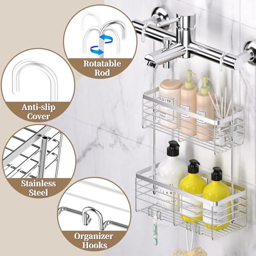 DELLAN Hanging Shower Caddy, 2-Tier Shower Rack with Hooks Over the Door | Bathroom Shower Caddy and Basket - color: Silver, size: 2-Tier 11"D x 4.7"W x 4.1"H