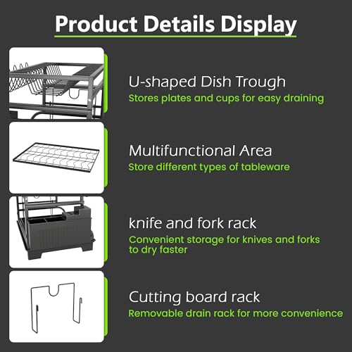 2-Tier Foldable Dish Drying Rack with Drainboard, Stainless Steel Large Capacity Kitchen Counter Organizer with Cup Holder, Utensil & Cutting Board Storage, No Assembly Required, Black