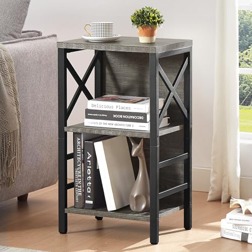 MNEETRUNG Small Bookcase,3 Tier Industrial Bookshelf with Metal Frame and Backboard,Low Grey Book Shelf,Book case for Small Spaces,Living Room,Bedroom and Home Office - color: Grey, size: 3-Tier (15.7"W x 11.8"D x 27.6"H)