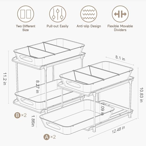 4-Pack 2-Tier Under Sink Organizer with Pull Out Drawers | Multi-use kitchen & bathroom storage. Includes hanging hooks and cups. transparent, space-saving cabinet design. 11.2 Inch - color: transparent, size: 11.2 Inch