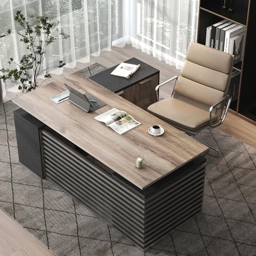 SAINTCY L Shaped Executive Standing Desk with Drawers, 70.87In Large Modern Adjustable Heigh Office Desk w/File Cabinet, AC/USB, 2.56" Thick Floating Desktop,for Home Office, Studio - color: Right, size: 62.99"D x 70.87"W x 29.5"H