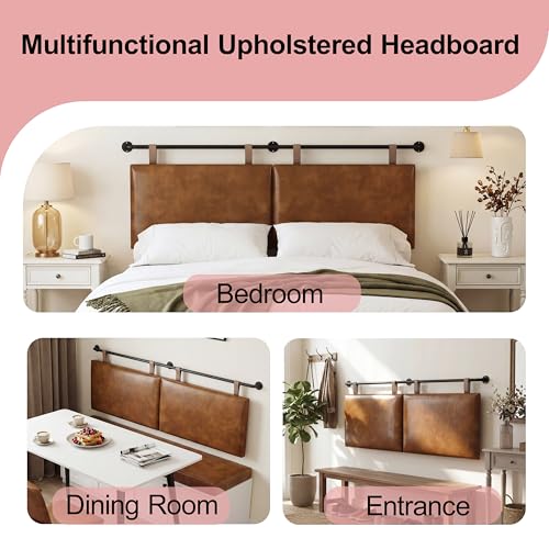 King Headboard, Wall Mounted Hanging Upholstered Soft Bed Head Board with Modern Design Faux Leather Headboards Ideal for Bedroom (Brown Leather, King - color: Brown, size: King