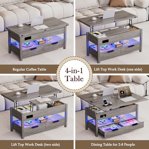 40" Lift Top Smart Coffee Table for Living Room | Power Outlets, LED Lights, Lifting Top, Storage Drawers & Compartments, for 4-6 People, Grey - color: Grey