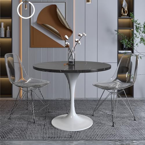 LeisureMod Verve Modern Dining Table with a 36" Round Sintered Stone Tabletop and White Steel Pedestal Base for Kitchen and Dining Room, Black - color: Black Stone, size: 36 inch Wide